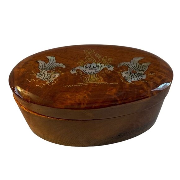 Vintage Mother of Pearl Fish Hinged Oval Brown Wooden Jewelry Trinket Box - Picture 3 of 6